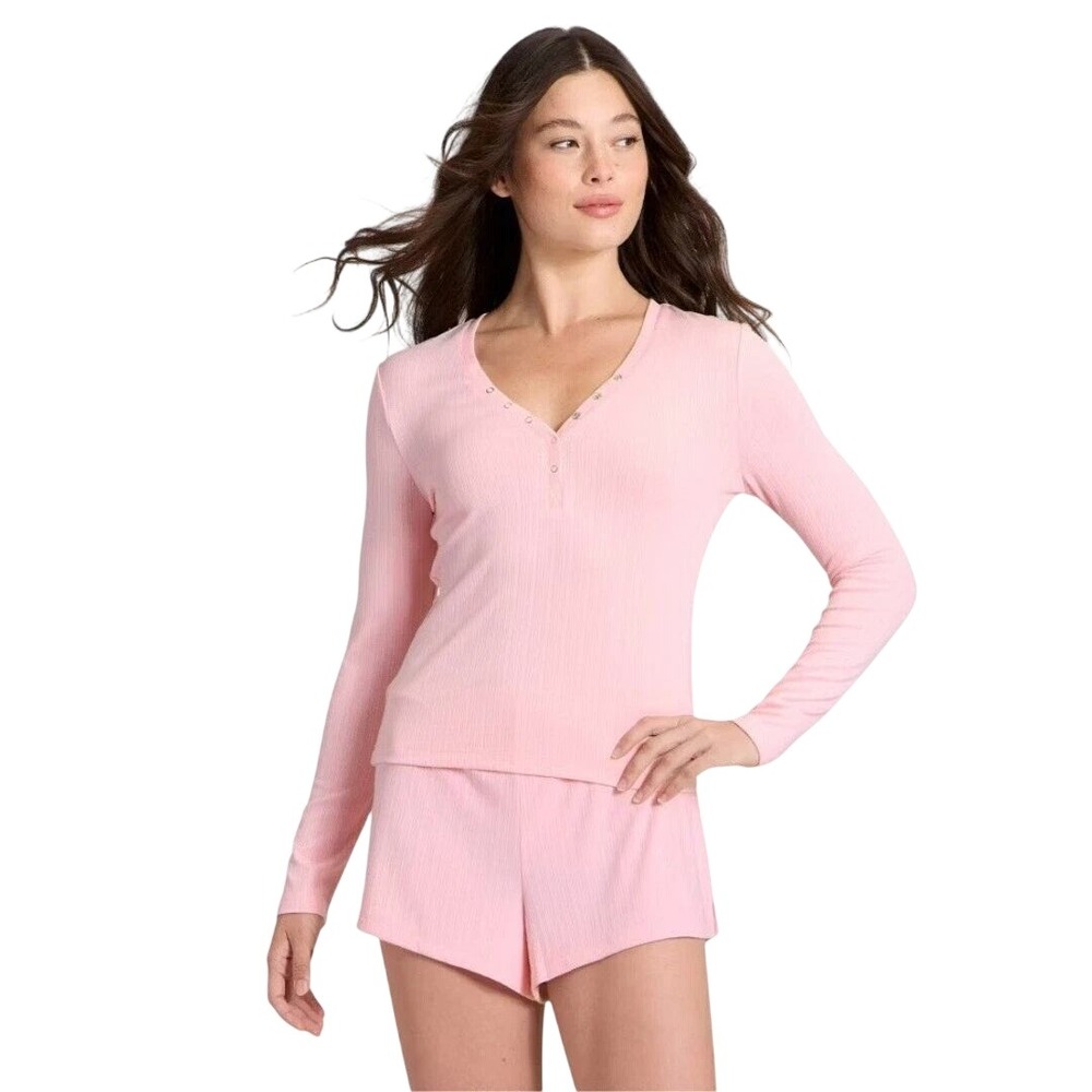 Auden Women's Pink Soft Ribbed Henley Top and Shorts Pajama Set Size XS